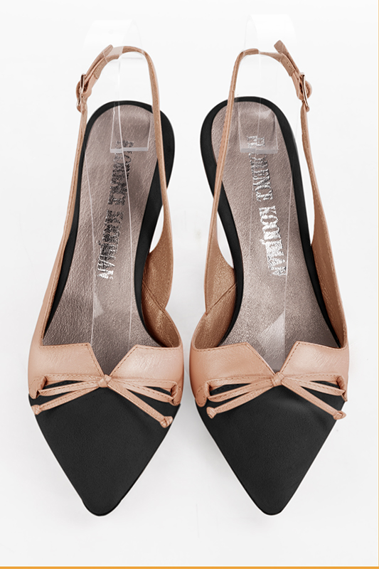 Matt black and powder pink women's open back shoes, with a knot. Tapered toe. High slim heel. Top view - Florence KOOIJMAN